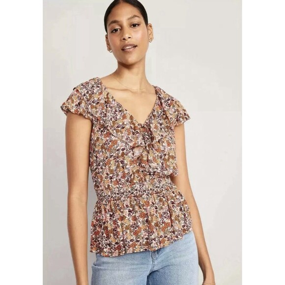 Old Navy Top Size XXL‎ Waist Define Sleeveless Floral Ruffle Trim Spring Summer - Picture 1 of 12